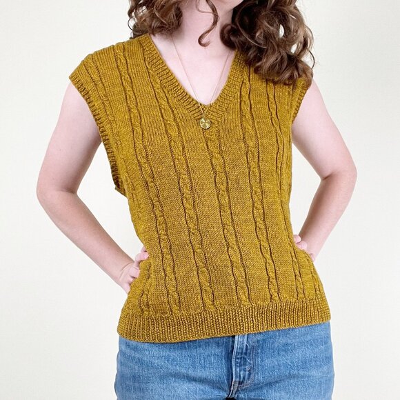 Vintage Handknit Cable Knit Sweater Vest Oversized Preppy Academia Hand Made - Picture 4 of 7